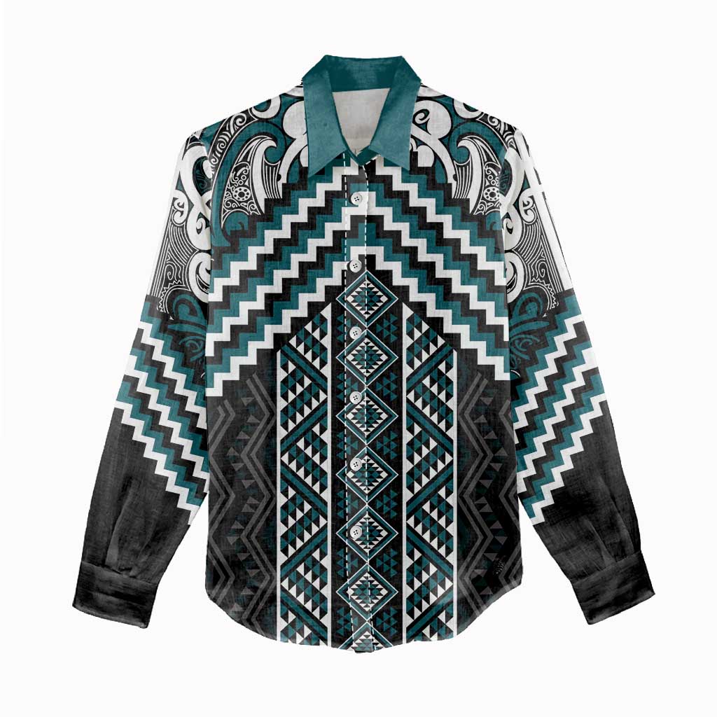 Maori Tukutuku Taniko Motifs Women Casual Shirt Teal Poutama Mix Kowhaiwhai