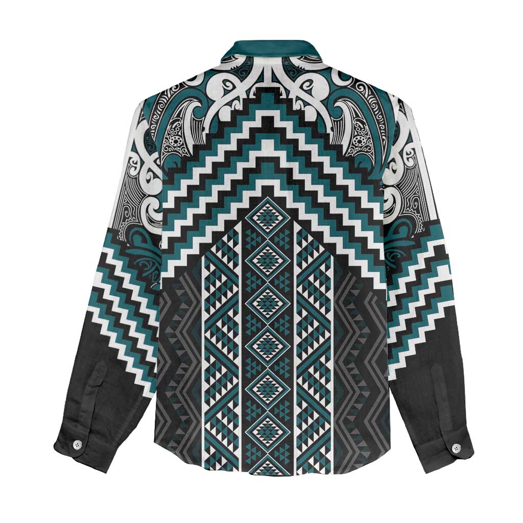 Maori Tukutuku Taniko Motifs Women Casual Shirt Teal Poutama Mix Kowhaiwhai
