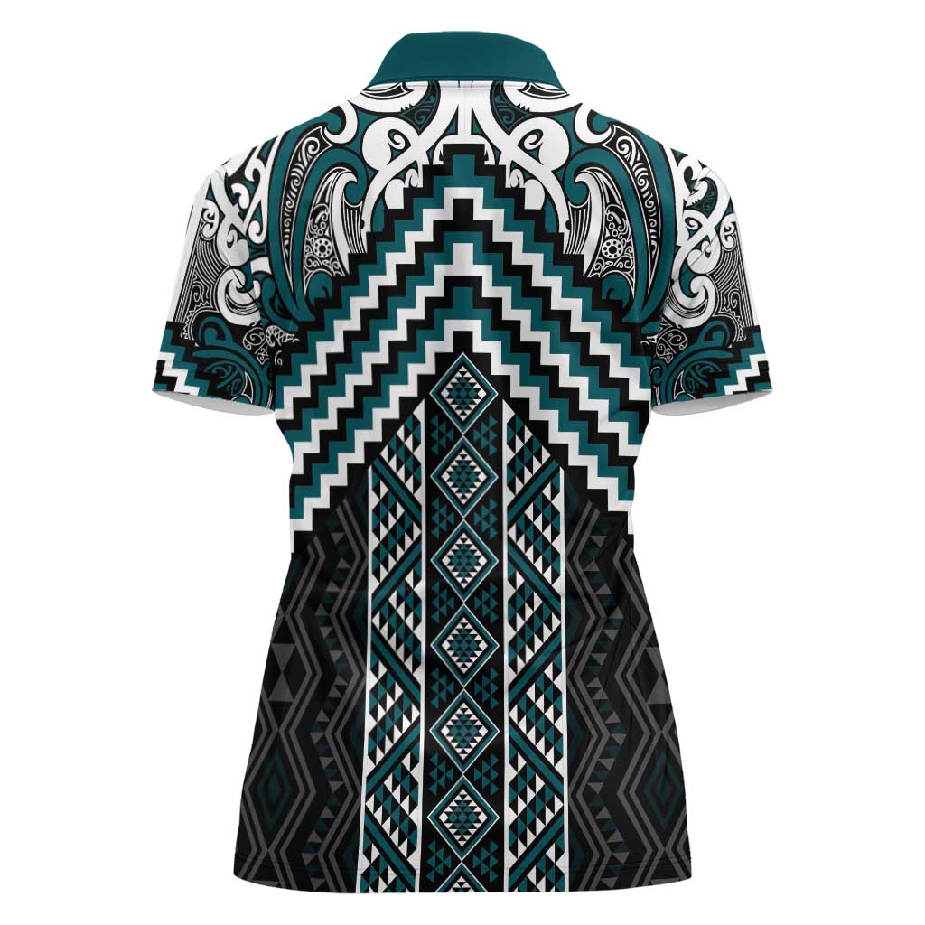 Maori Tukutuku Taniko Motifs Women Polo Shirt Teal Poutama Mix Kowhaiwhai