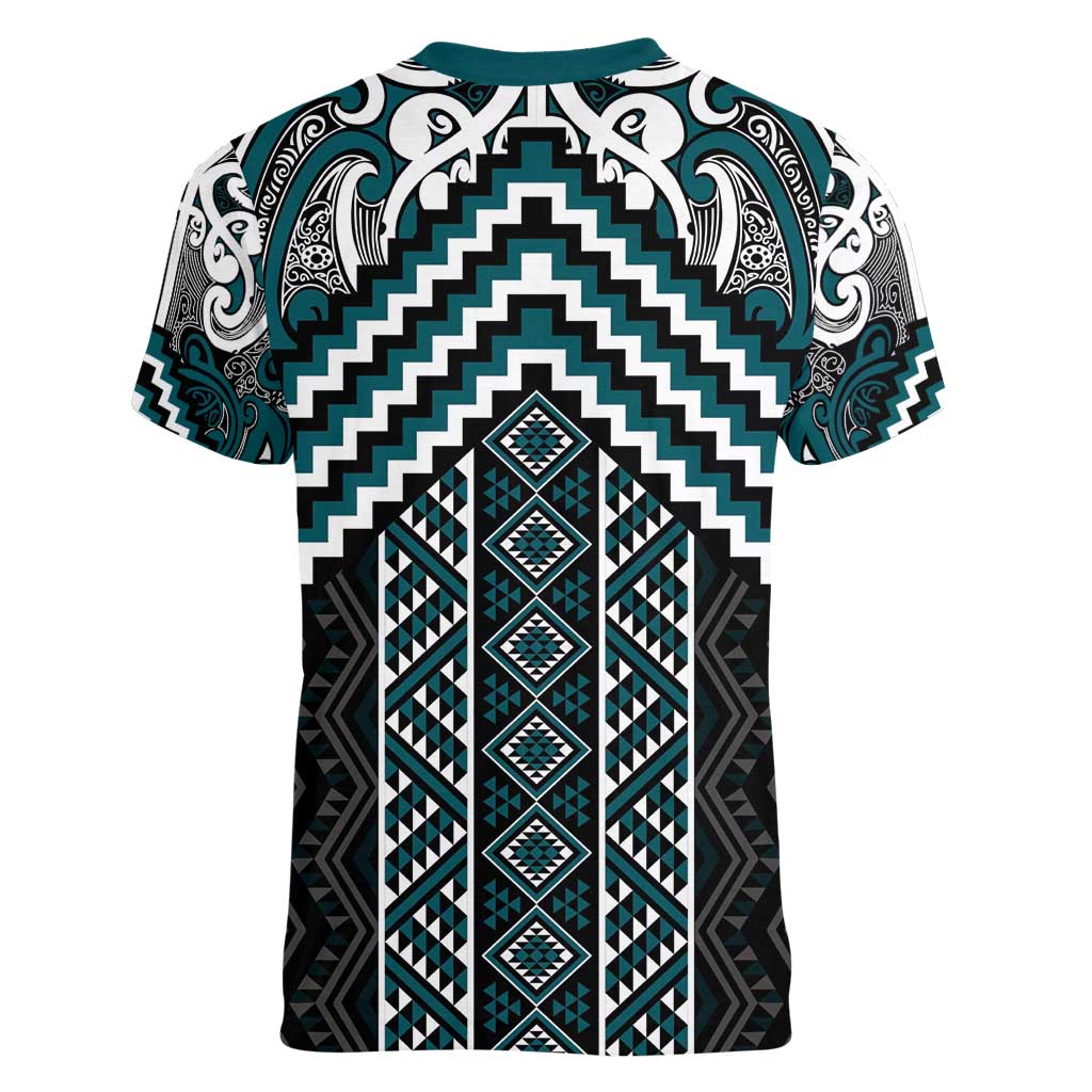 Maori Tukutuku Taniko Motifs Women V-Neck T-Shirt Teal Poutama Mix Kowhaiwhai