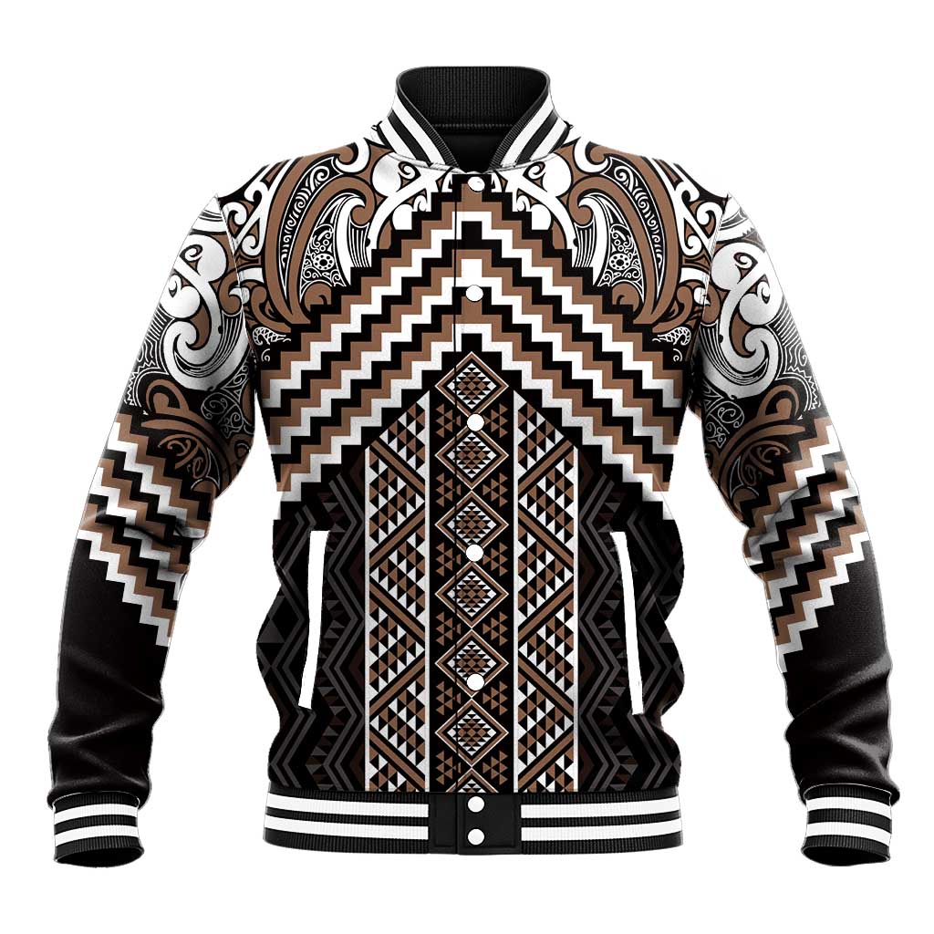 Maori Tukutuku Taniko Motifs Baseball Jacket Brown Poutama Mix Kowhaiwhai