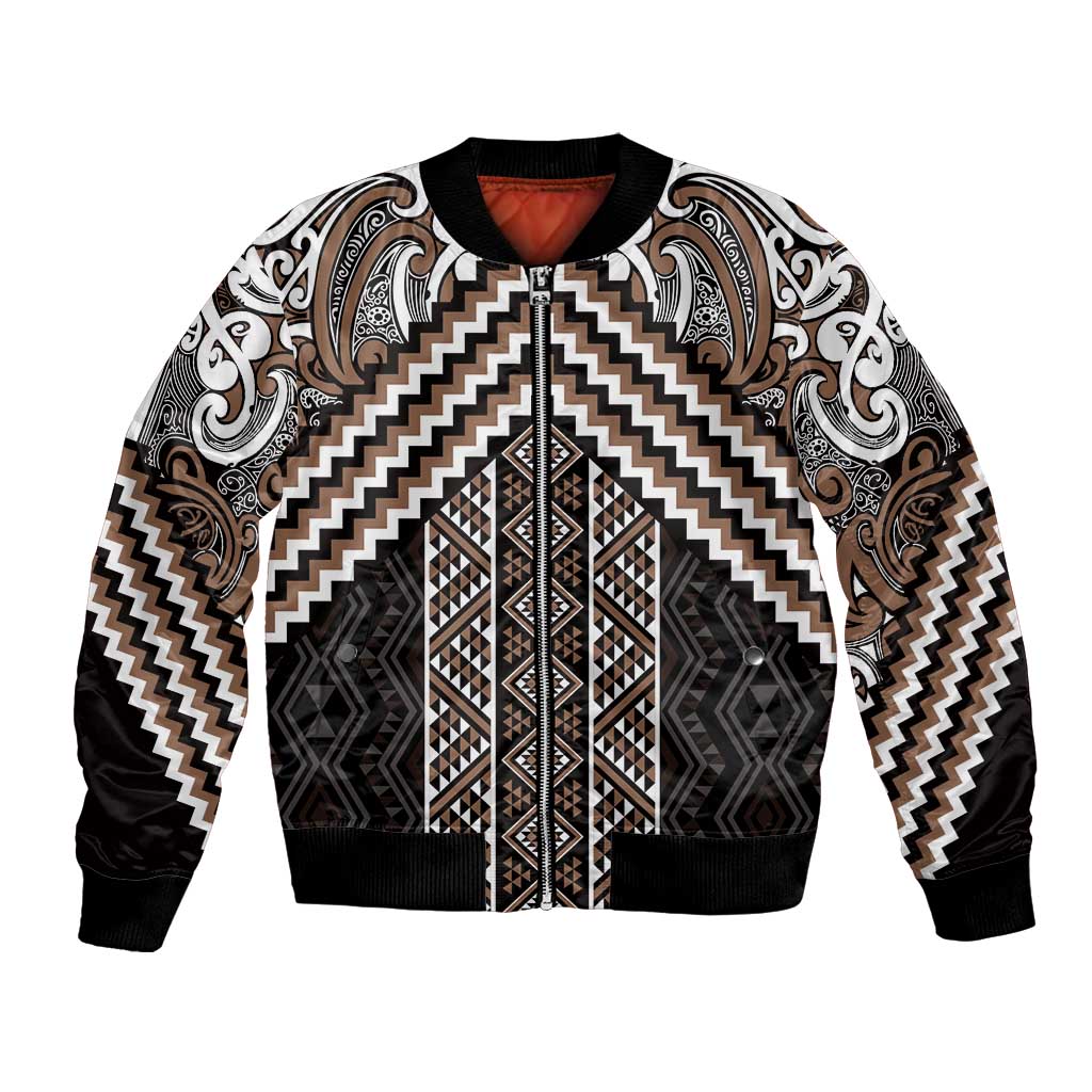 Maori Tukutuku Taniko Motifs Bomber Jacket Brown Poutama Mix Kowhaiwhai