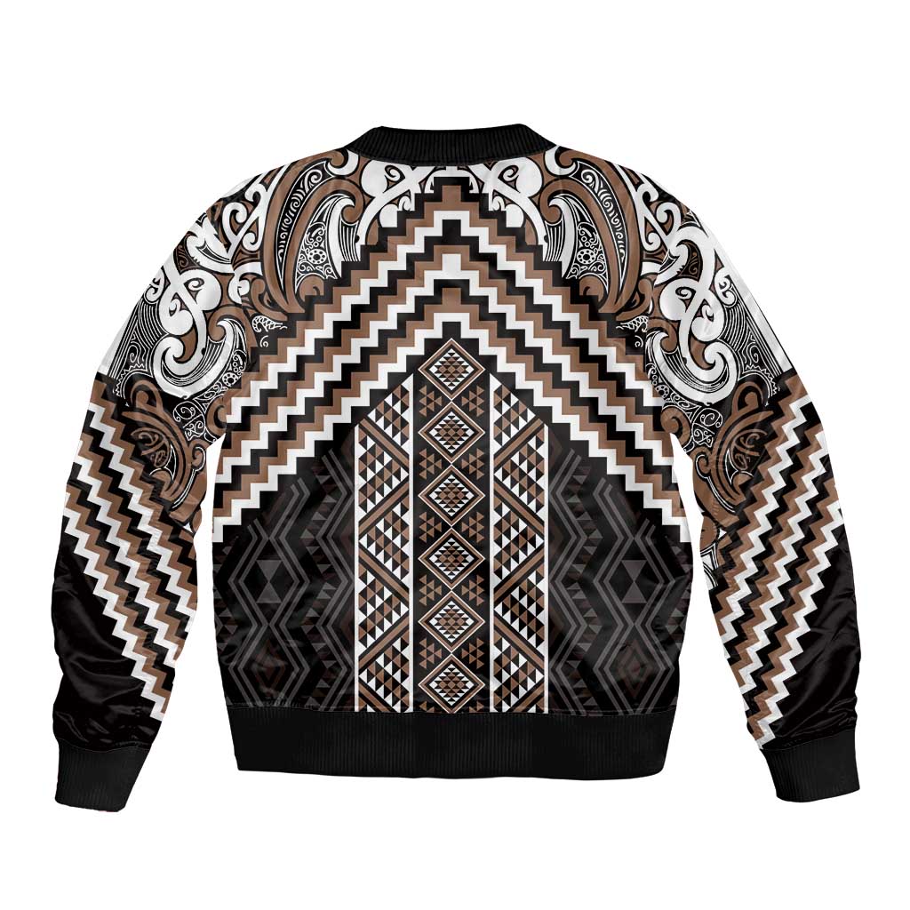 Maori Tukutuku Taniko Motifs Bomber Jacket Brown Poutama Mix Kowhaiwhai