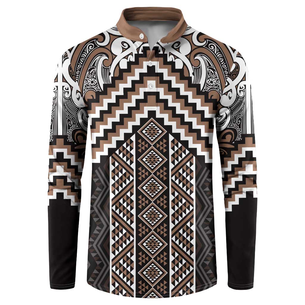 Maori Tukutuku Taniko Motifs Button Sweatshirt Brown Poutama Mix Kowhaiwhai