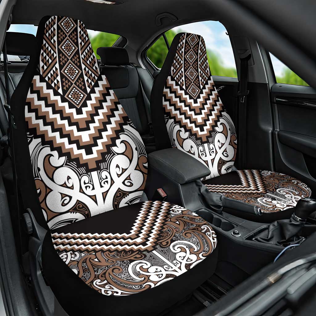 Maori Tukutuku Taniko Motifs Car Seat Cover Brown Poutama Mix Kowhaiwhai