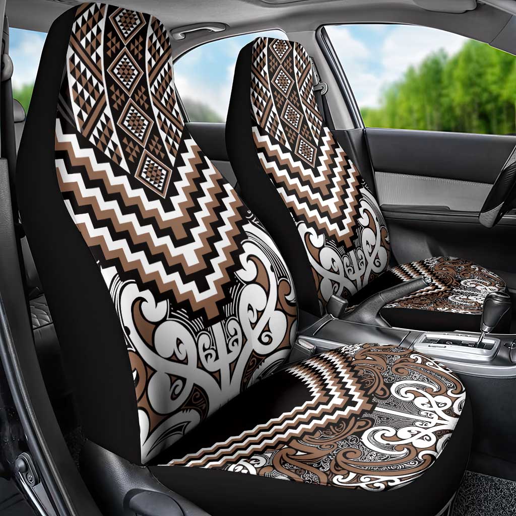 Maori Tukutuku Taniko Motifs Car Seat Cover Brown Poutama Mix Kowhaiwhai