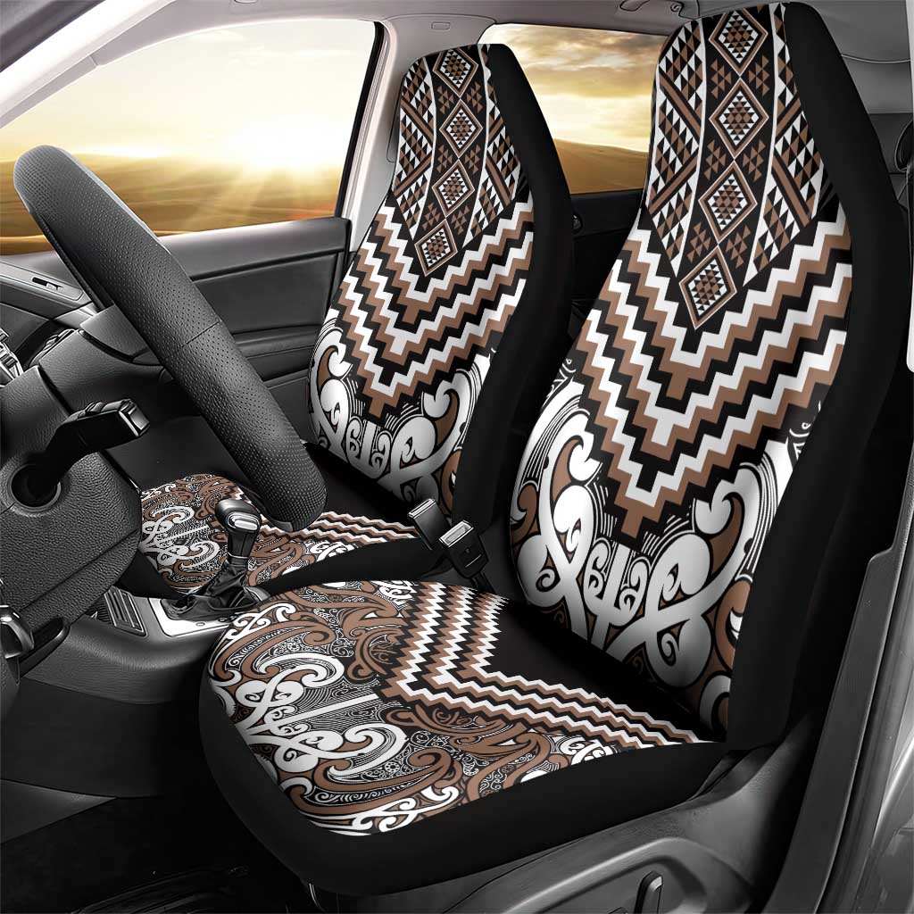 Maori Tukutuku Taniko Motifs Car Seat Cover Brown Poutama Mix Kowhaiwhai