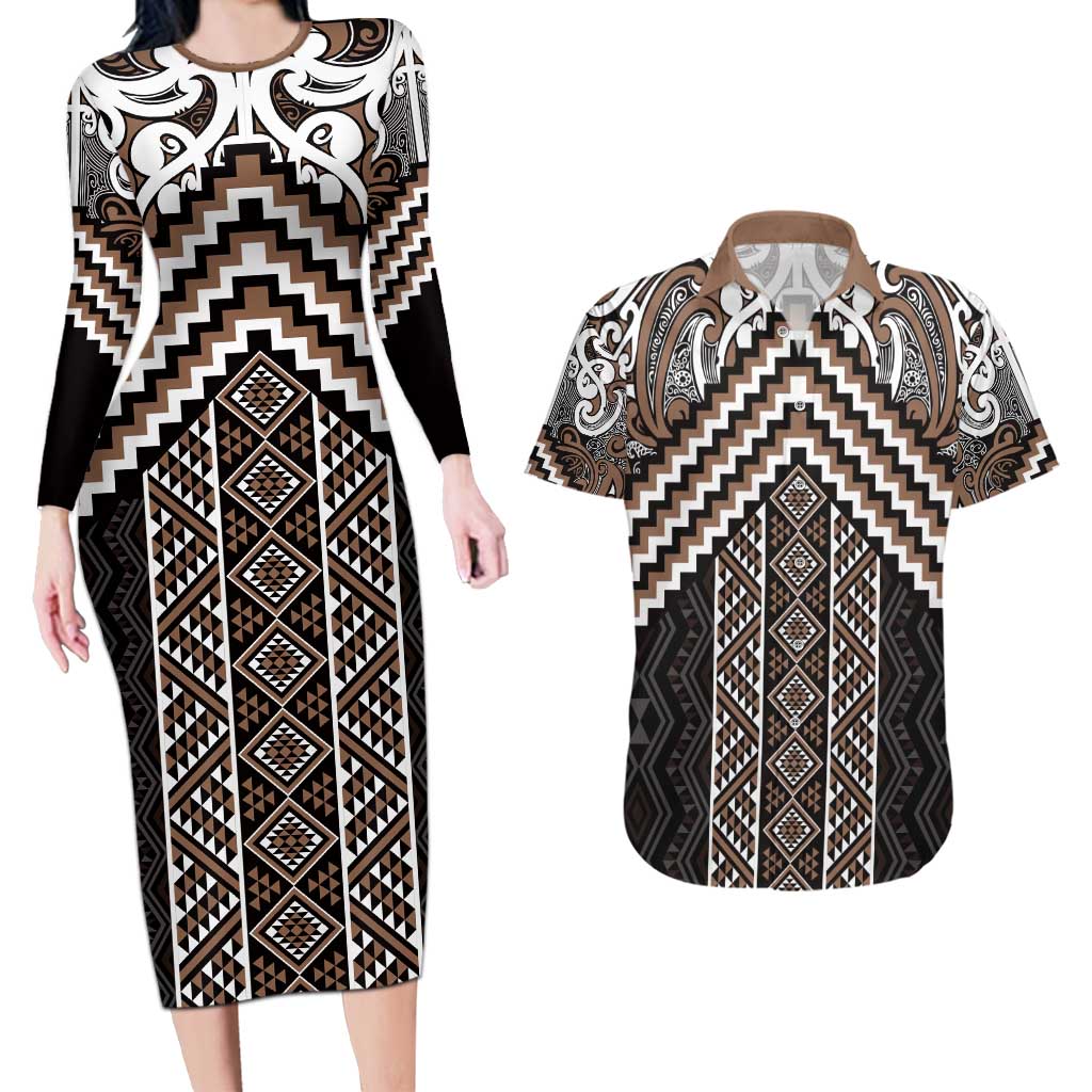 Maori Tukutuku Taniko Motifs Couples Matching Long Sleeve Bodycon Dress and Hawaiian Shirt Brown Poutama Mix Kowhaiwhai
