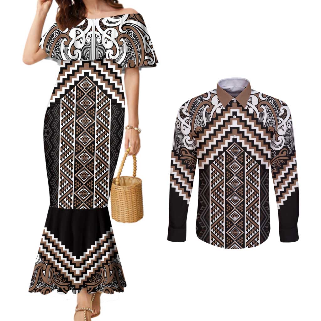 Maori Tukutuku Taniko Motifs Couples Matching Mermaid Dress and Long Sleeve Button Shirt Brown Poutama Mix Kowhaiwhai