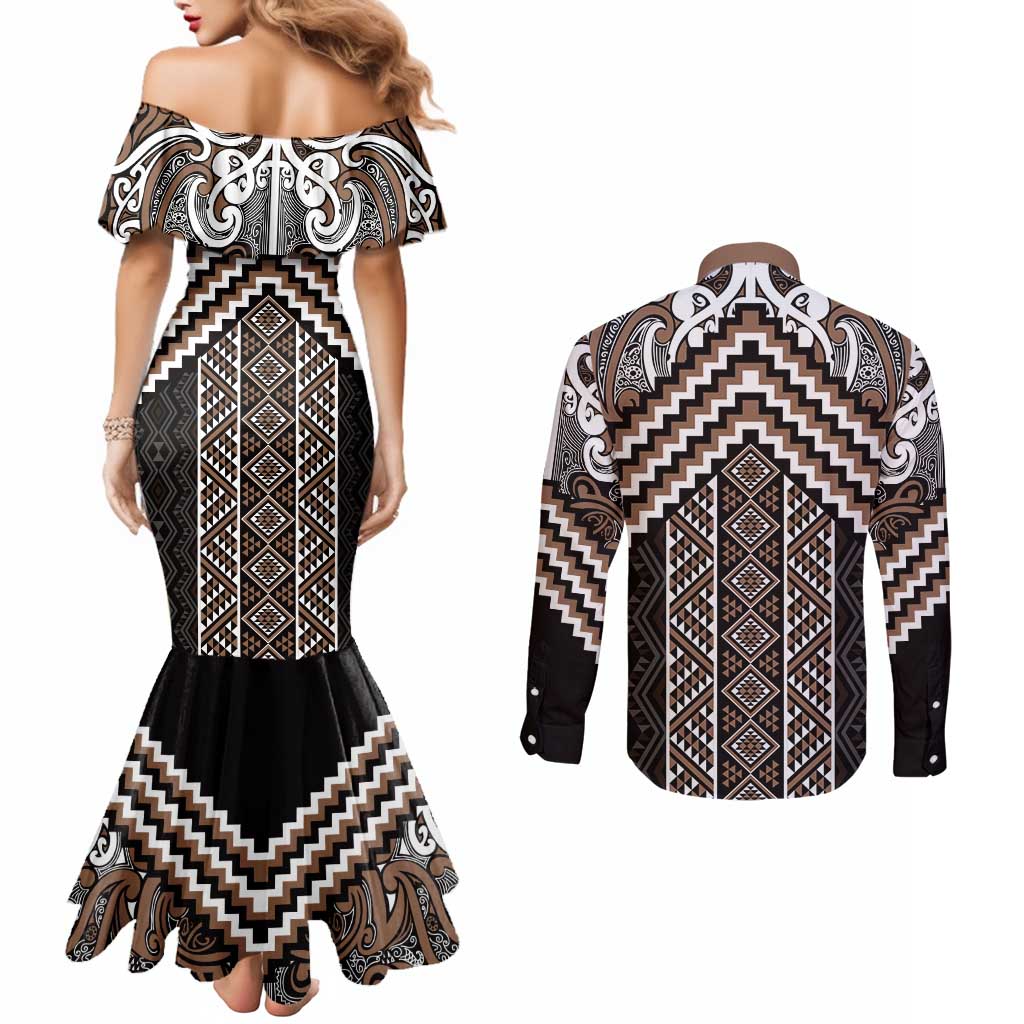 Maori Tukutuku Taniko Motifs Couples Matching Mermaid Dress and Long Sleeve Button Shirt Brown Poutama Mix Kowhaiwhai