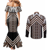 Maori Tukutuku Taniko Motifs Couples Matching Mermaid Dress and Long Sleeve Button Shirt Brown Poutama Mix Kowhaiwhai