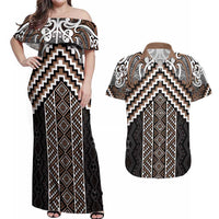 Maori Tukutuku Taniko Motifs Couples Matching Off Shoulder Maxi Dress and Hawaiian Shirt Brown Poutama Mix Kowhaiwhai