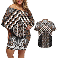 Maori Tukutuku Taniko Motifs Couples Matching Off Shoulder Short Dress and Hawaiian Shirt Brown Poutama Mix Kowhaiwhai