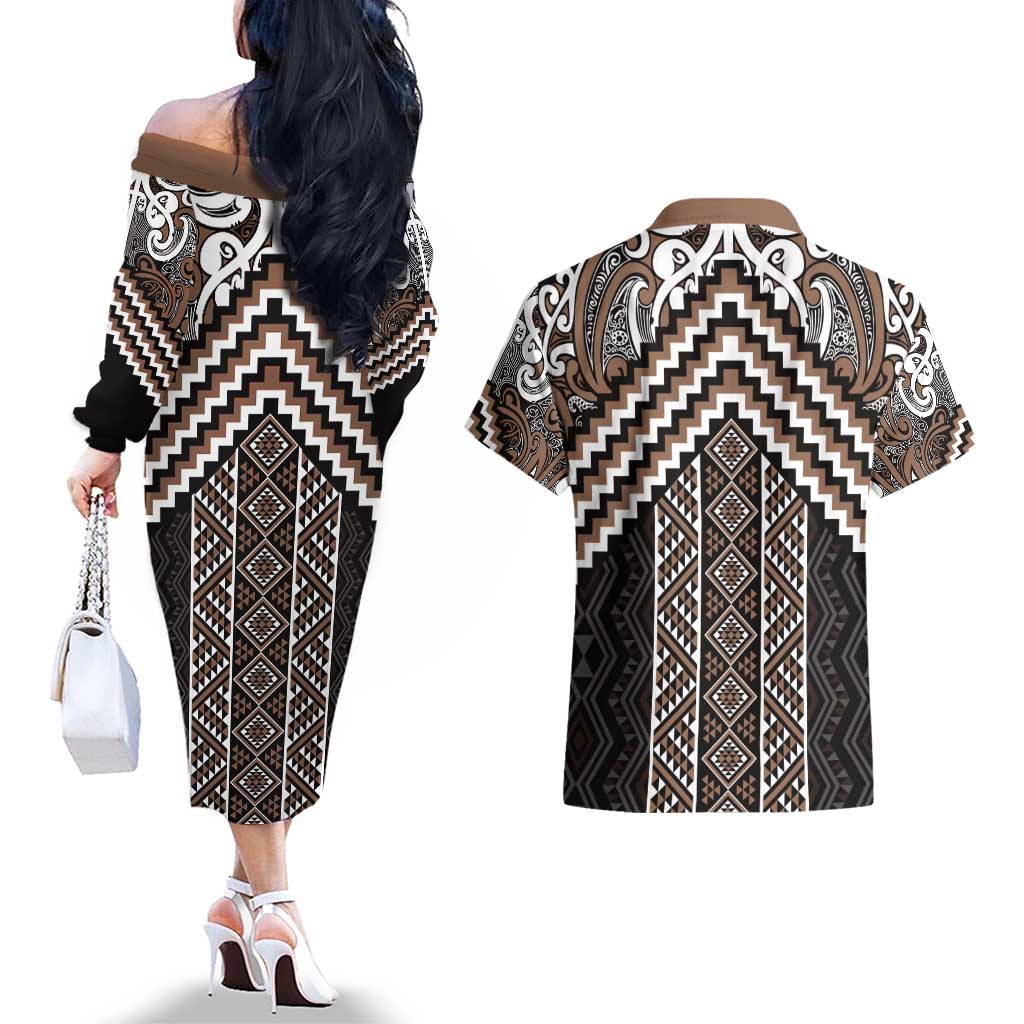 Maori Tukutuku Taniko Motifs Couples Matching Off The Shoulder Long Sleeve Dress and Hawaiian Shirt Brown Poutama Mix Kowhaiwhai