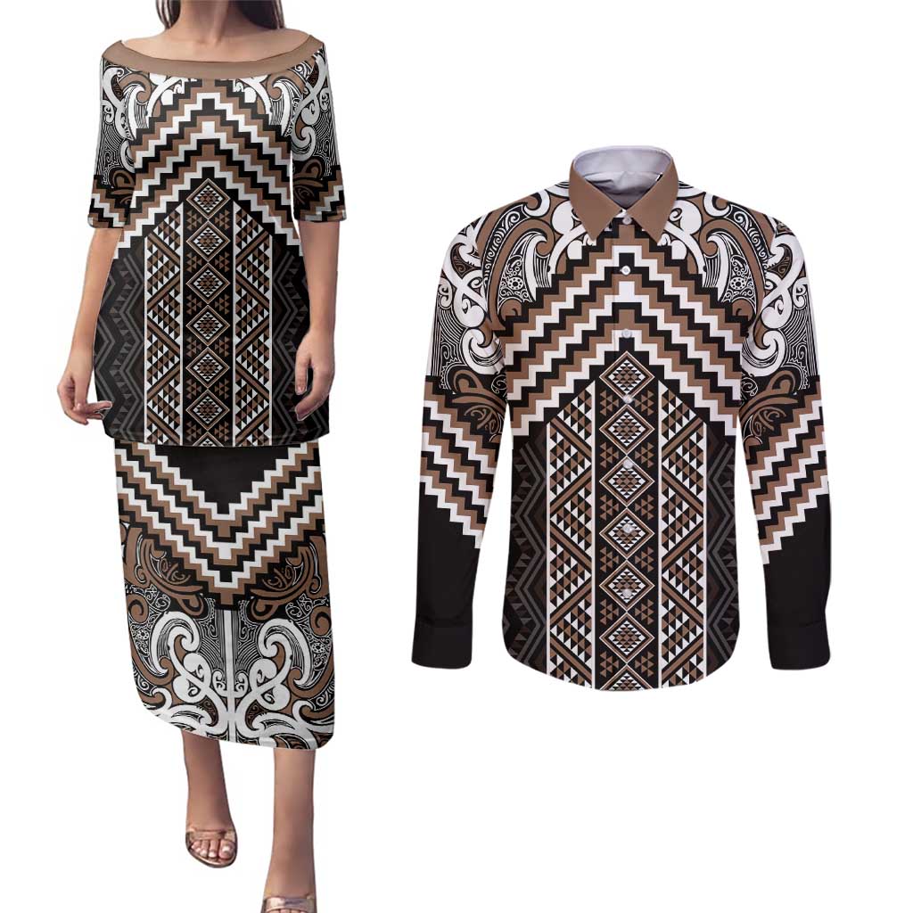 Maori Tukutuku Taniko Motifs Couples Matching Puletasi and Long Sleeve Button Shirt Brown Poutama Mix Kowhaiwhai