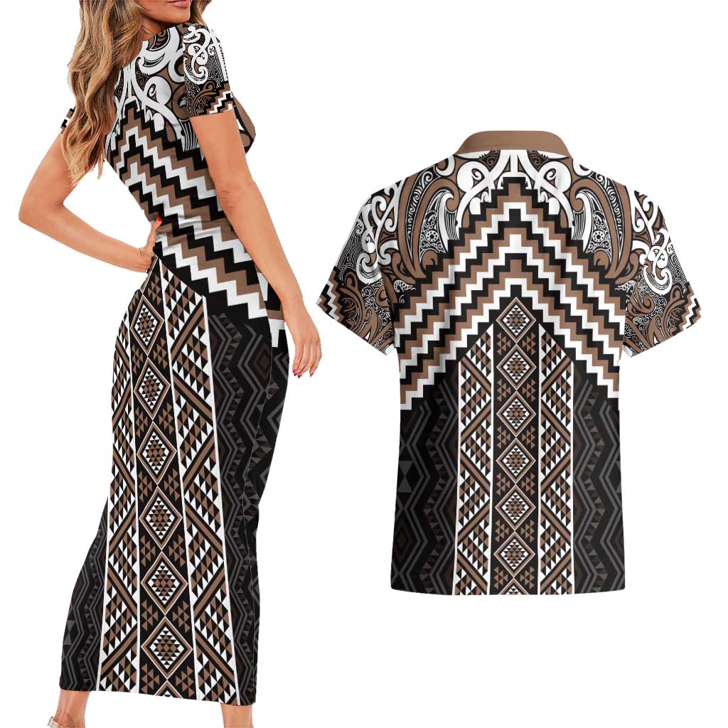 Maori Tukutuku Taniko Motifs Couples Matching Short Sleeve Bodycon Dress and Hawaiian Shirt Brown Poutama Mix Kowhaiwhai