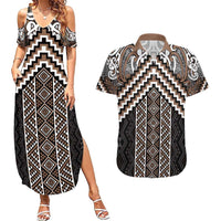 Maori Tukutuku Taniko Motifs Couples Matching Summer Maxi Dress and Hawaiian Shirt Brown Poutama Mix Kowhaiwhai
