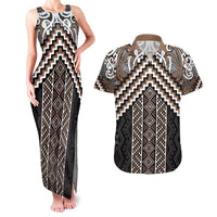Maori Tukutuku Taniko Motifs Couples Matching Tank Maxi Dress and Hawaiian Shirt Brown Poutama Mix Kowhaiwhai