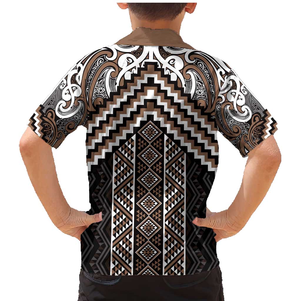 Maori Tukutuku Taniko Motifs Family Matching Mermaid Dress and Hawaiian Shirt Brown Poutama Mix Kowhaiwhai