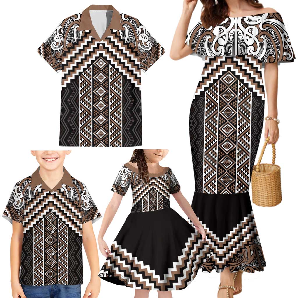 Maori Tukutuku Taniko Motifs Family Matching Mermaid Dress and Hawaiian Shirt Brown Poutama Mix Kowhaiwhai