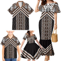 Maori Tukutuku Taniko Motifs Family Matching Mermaid Dress and Hawaiian Shirt Brown Poutama Mix Kowhaiwhai