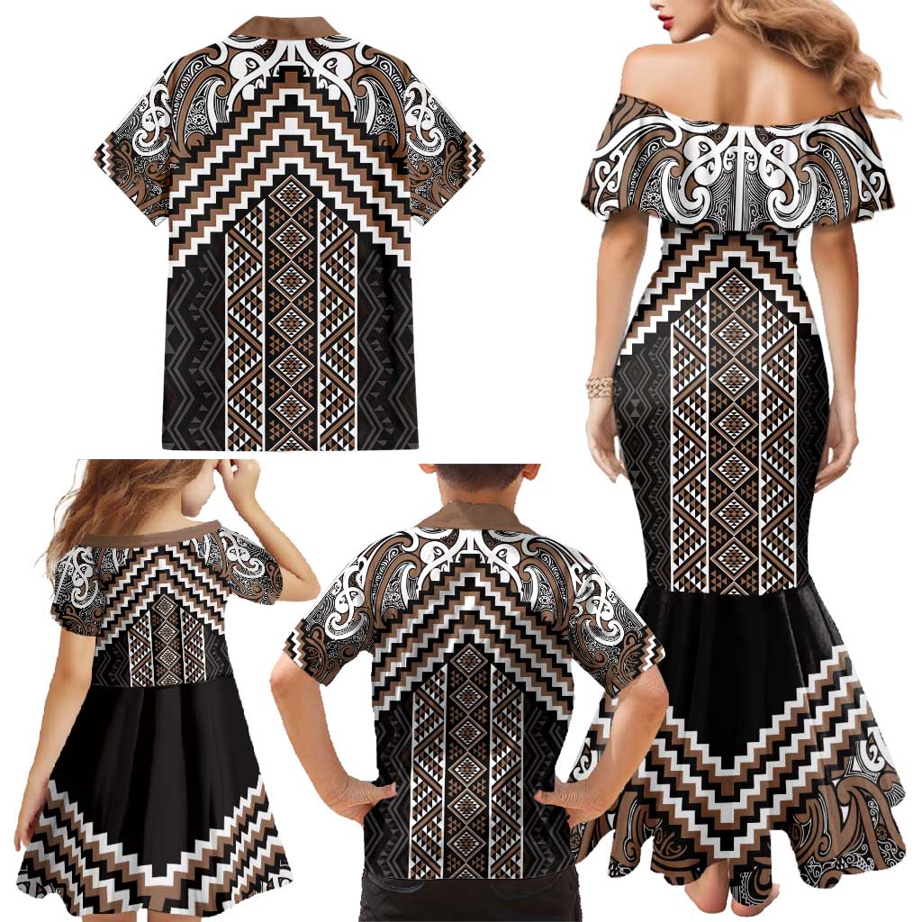Maori Tukutuku Taniko Motifs Family Matching Mermaid Dress and Hawaiian Shirt Brown Poutama Mix Kowhaiwhai