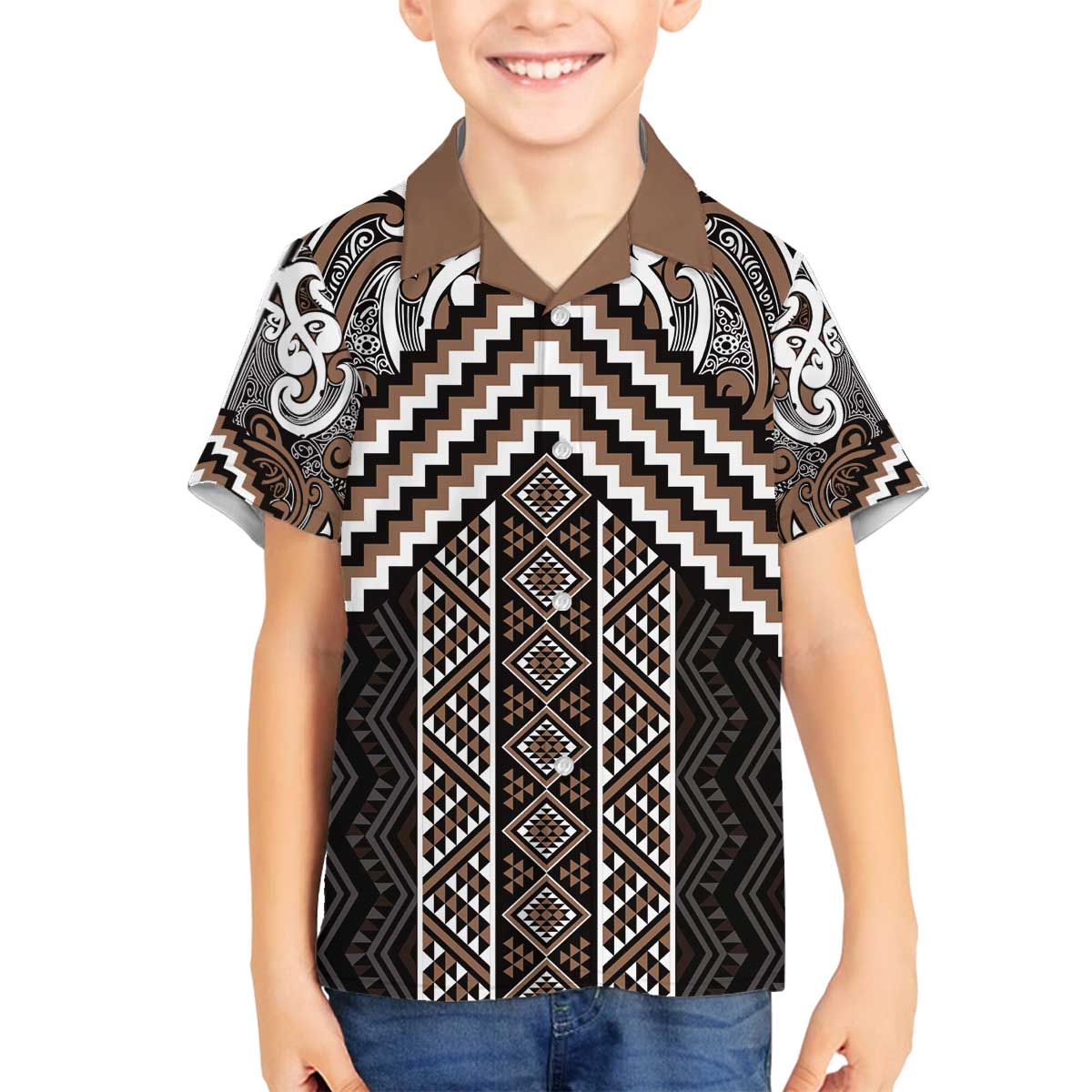 Maori Tukutuku Taniko Motifs Family Matching Off The Shoulder Long Sleeve Dress and Hawaiian Shirt Brown Poutama Mix Kowhaiwhai