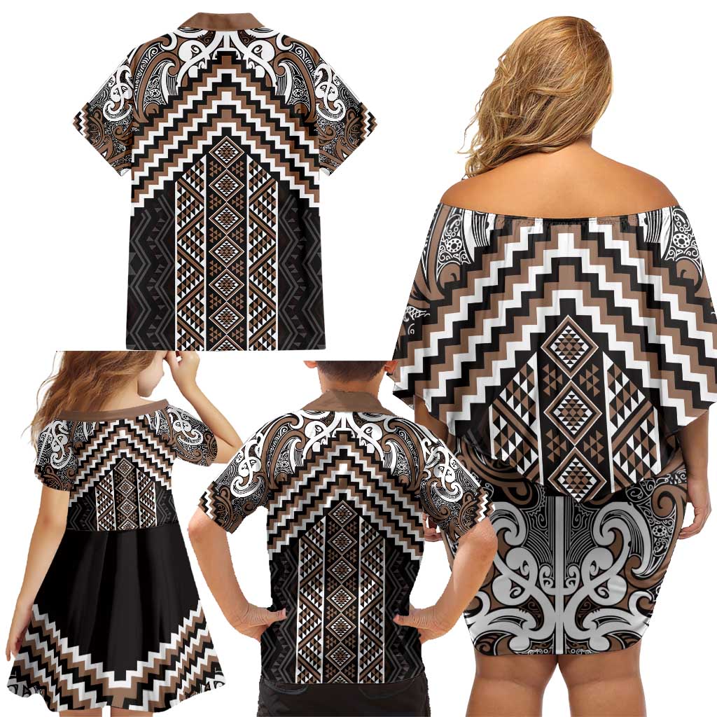 Maori Tukutuku Taniko Motifs Family Matching Off Shoulder Short Dress and Hawaiian Shirt Brown Poutama Mix Kowhaiwhai