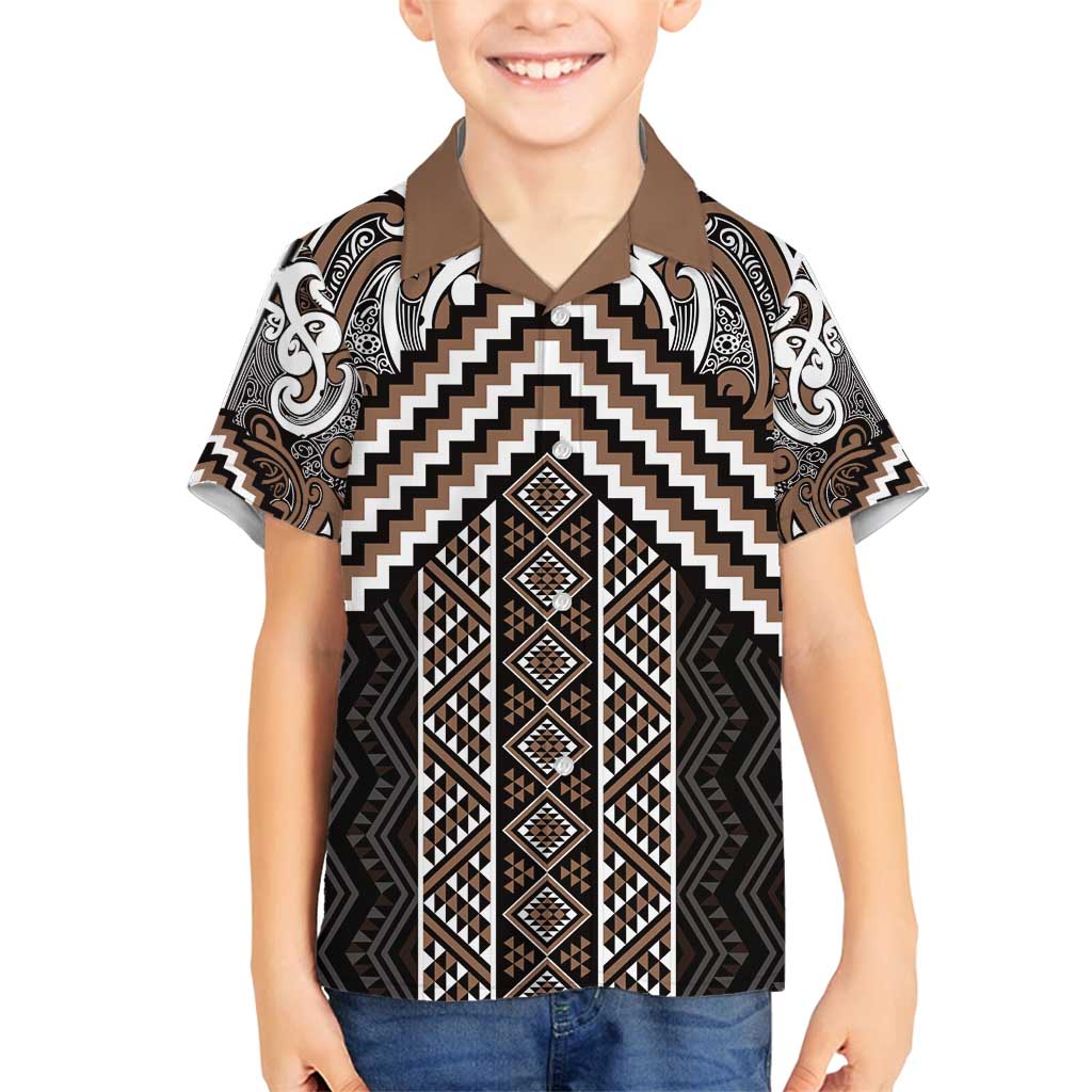 Maori Tukutuku Taniko Motifs Family Matching Off Shoulder Short Dress and Hawaiian Shirt Brown Poutama Mix Kowhaiwhai