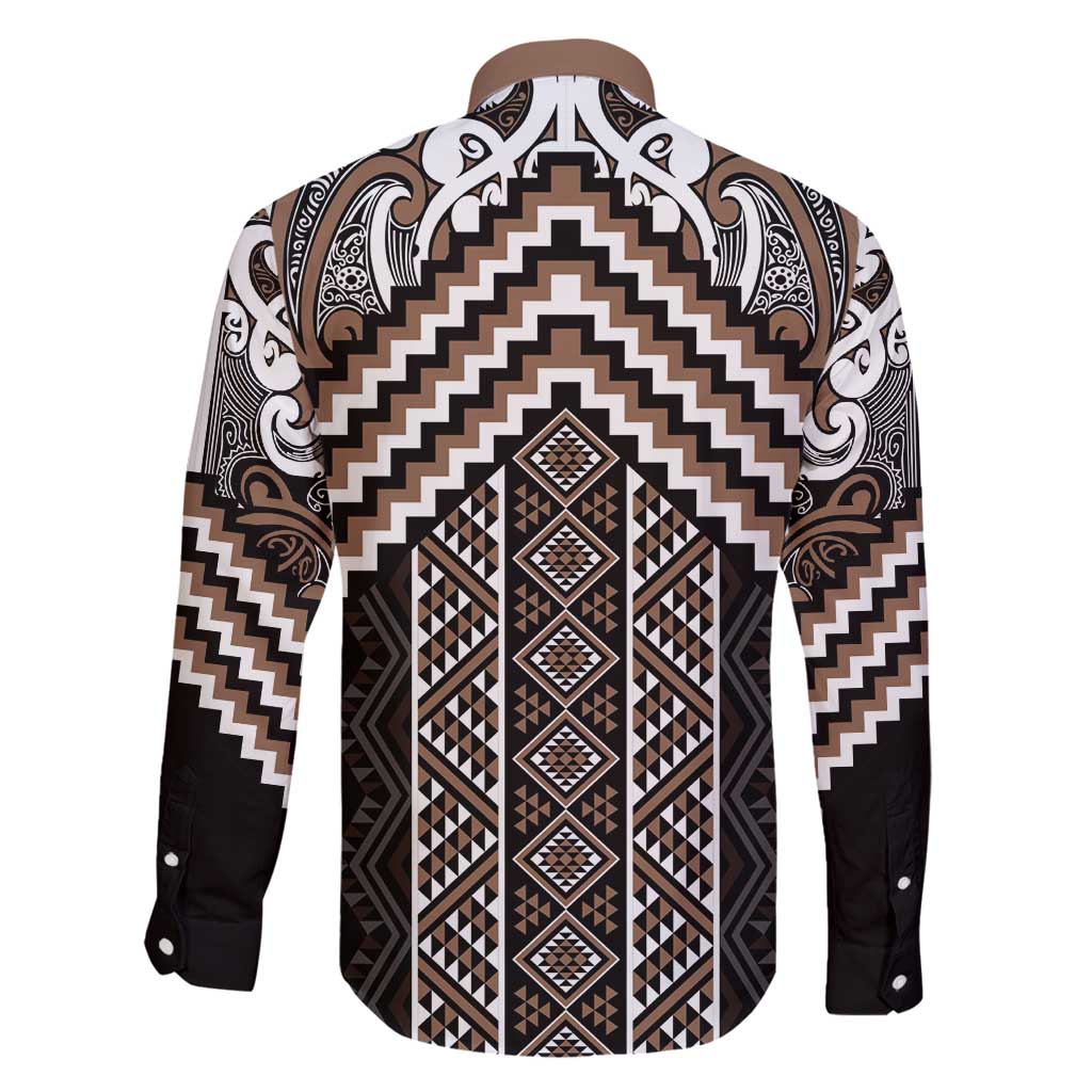 Maori Tukutuku Taniko Motifs Family Matching Puletasi and Hawaiian Shirt Brown Poutama Mix Kowhaiwhai