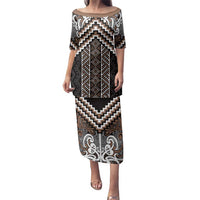 Maori Tukutuku Taniko Motifs Family Matching Puletasi and Hawaiian Shirt Brown Poutama Mix Kowhaiwhai