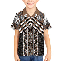 Maori Tukutuku Taniko Motifs Family Matching Puletasi and Hawaiian Shirt Brown Poutama Mix Kowhaiwhai