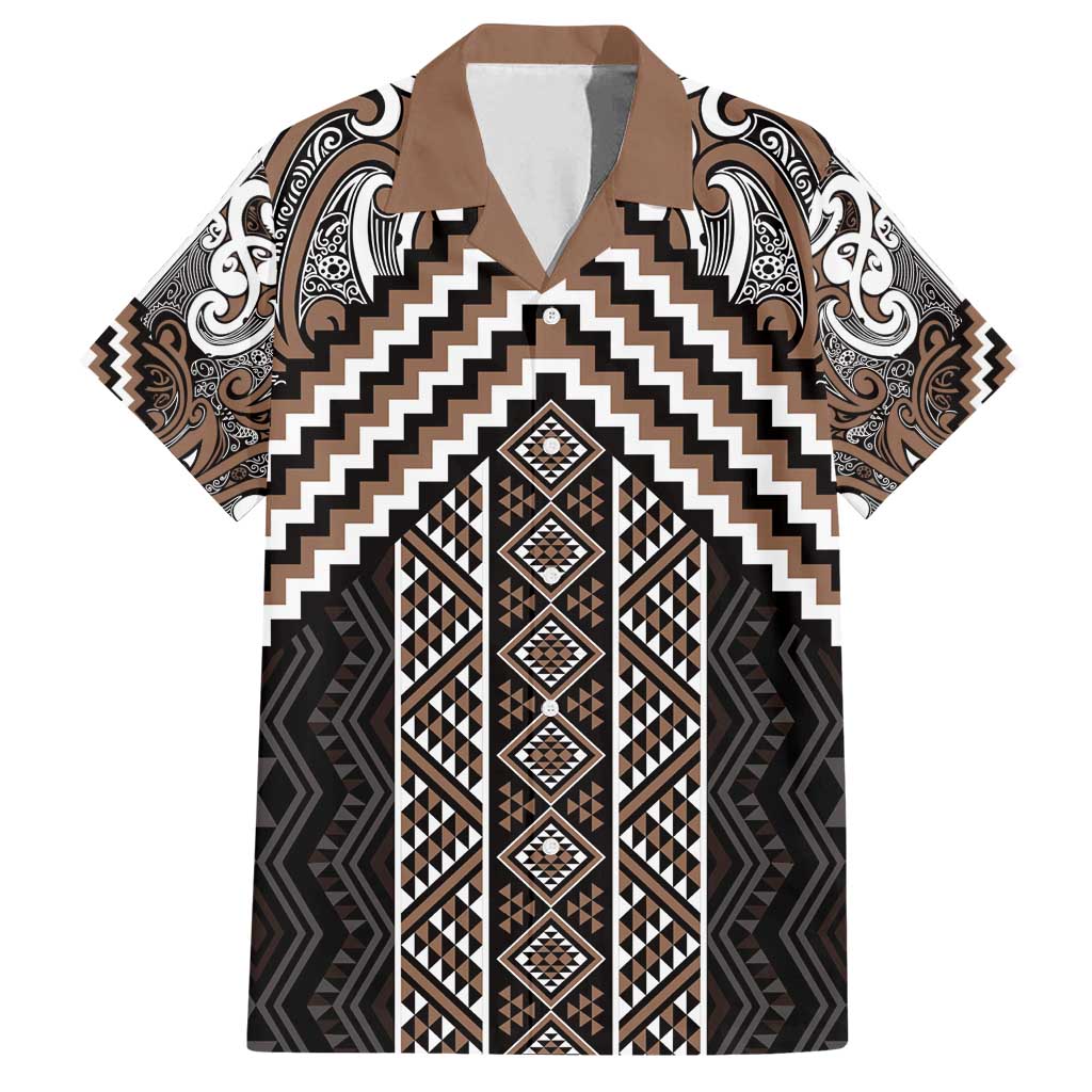 Maori Tukutuku Taniko Motifs Family Matching Summer Maxi Dress and Hawaiian Shirt Brown Poutama Mix Kowhaiwhai