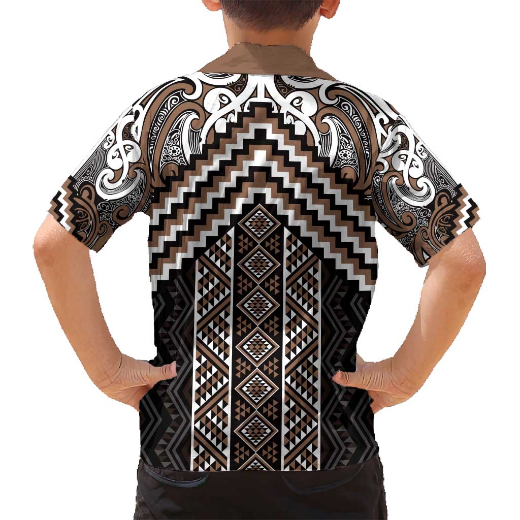 Maori Tukutuku Taniko Motifs Family Matching Tank Maxi Dress and Hawaiian Shirt Brown Poutama Mix Kowhaiwhai LT7 - Polynesian Pride
