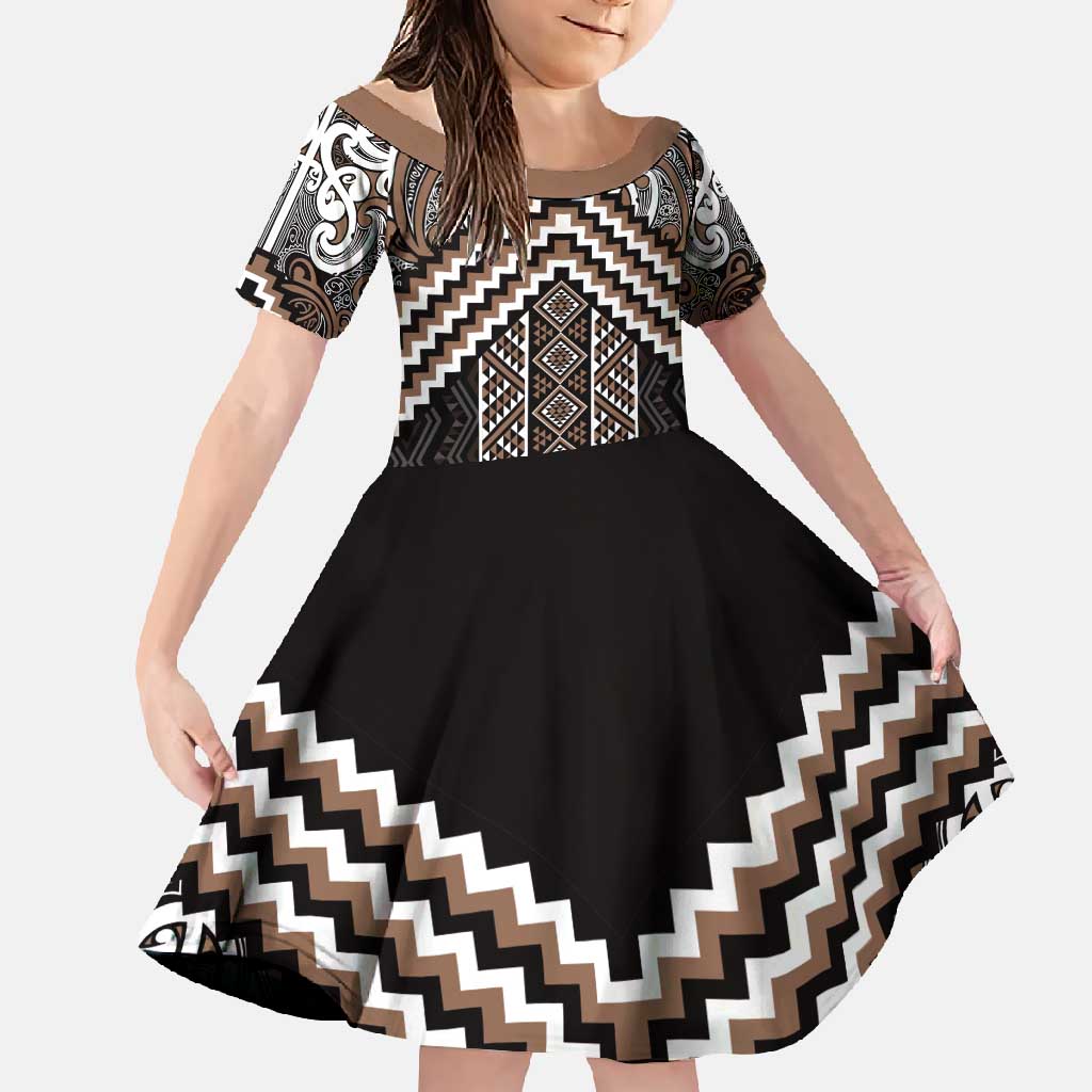 Maori Tukutuku Taniko Motifs Family Matching Tank Maxi Dress and Hawaiian Shirt Brown Poutama Mix Kowhaiwhai LT7 Daughter's Dress Brown - Polynesian Pride