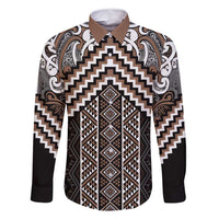 Maori Tukutuku Taniko Motifs Family Matching Tank Maxi Dress and Hawaiian Shirt Brown Poutama Mix Kowhaiwhai LT7 Dad's Shirt - Long Sleeve Brown - Polynesian Pride