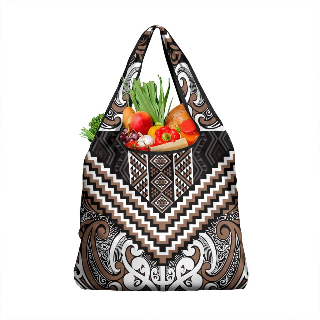 Maori Tukutuku Taniko Motifs Grocery Bag Brown Poutama Mix Kowhaiwhai