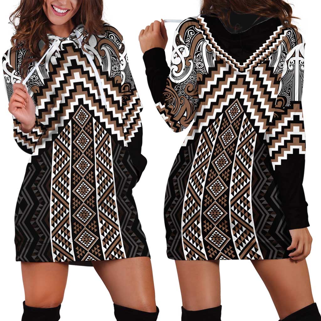 Maori Tukutuku Taniko Motifs Hoodie Dress Brown Poutama Mix Kowhaiwhai