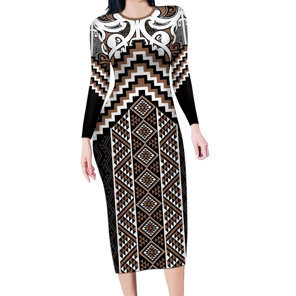 Maori Tukutuku Taniko Motifs Long Sleeve Bodycon Dress Brown Poutama Mix Kowhaiwhai