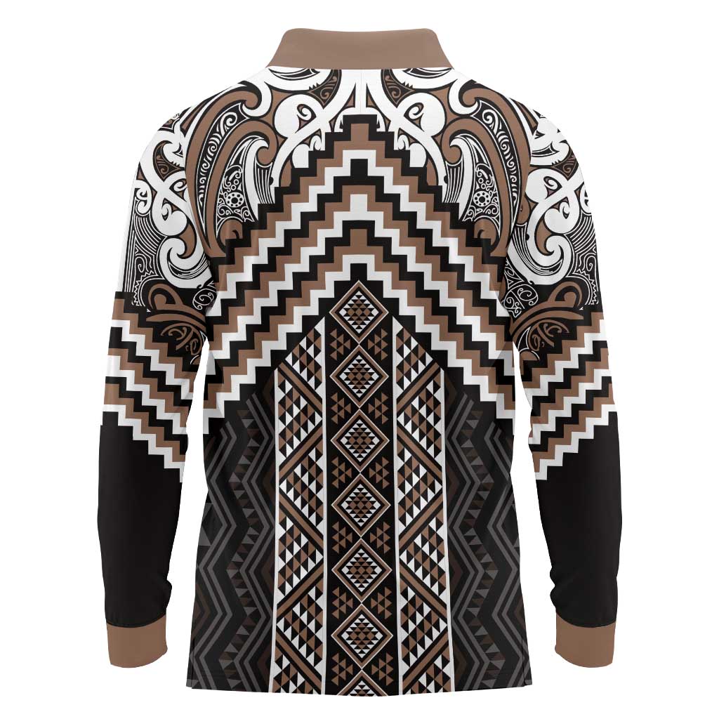 Maori Tukutuku Taniko Motifs Long Sleeve Polo Shirt Brown Poutama Mix Kowhaiwhai