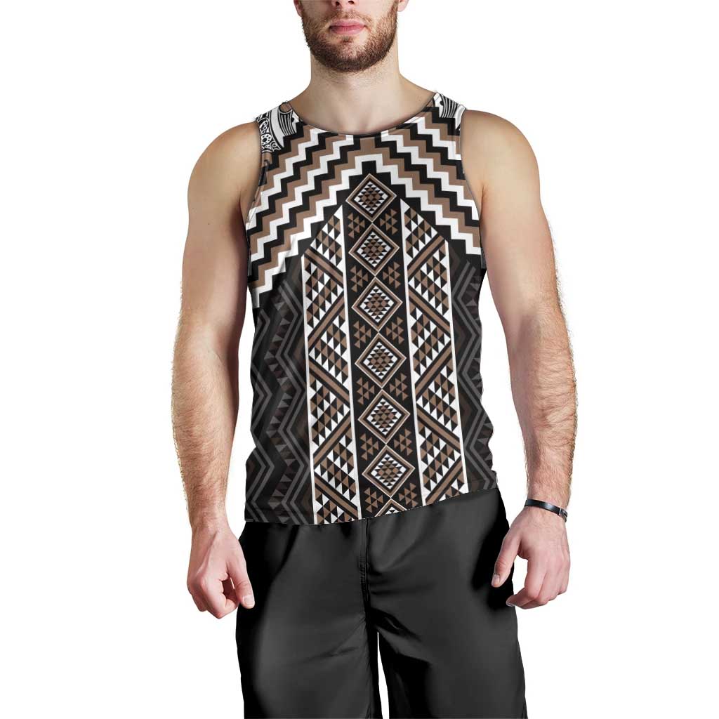 Maori Tukutuku Taniko Motifs Men Tank Top Brown Poutama Mix Kowhaiwhai