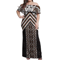 Maori Tukutuku Taniko Motifs Off Shoulder Maxi Dress Brown Poutama Mix Kowhaiwhai