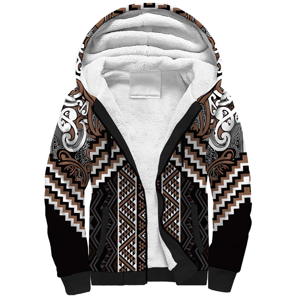 Maori Tukutuku Taniko Motifs Sherpa Hoodie Brown Poutama Mix Kowhaiwhai