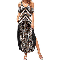 Maori Tukutuku Taniko Motifs Summer Maxi Dress Brown Poutama Mix Kowhaiwhai