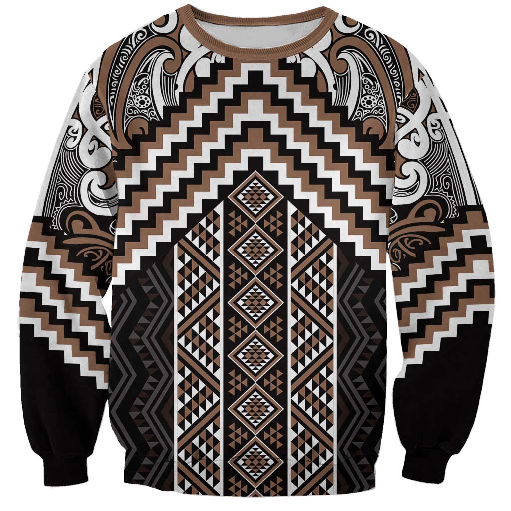 Maori Tukutuku Taniko Motifs Sweatshirt Brown Poutama Mix Kowhaiwhai