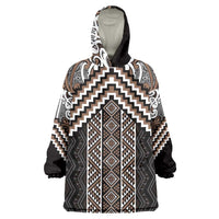 Maori Tukutuku Taniko Motifs Wearable Blanket Hoodie Brown Poutama Mix Kowhaiwhai