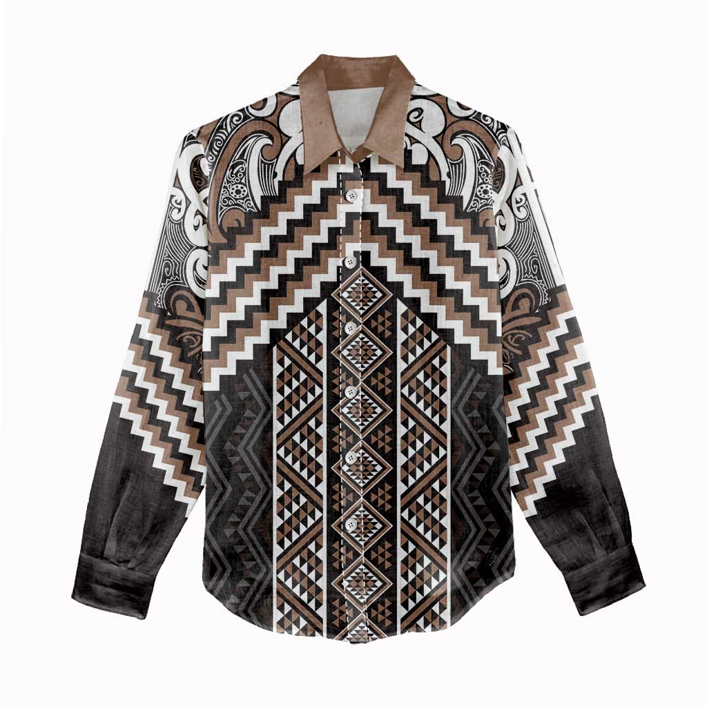 Maori Tukutuku Taniko Motifs Women Casual Shirt Brown Poutama Mix Kowhaiwhai