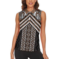 Maori Tukutuku Taniko Motifs Women Sleeveless Polo Shirt Brown Poutama Mix Kowhaiwhai
