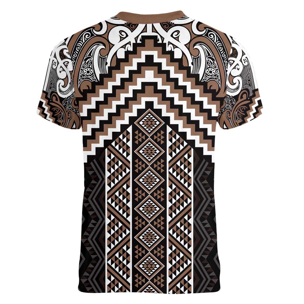 Maori Tukutuku Taniko Motifs Women V-Neck T-Shirt Brown Poutama Mix Kowhaiwhai