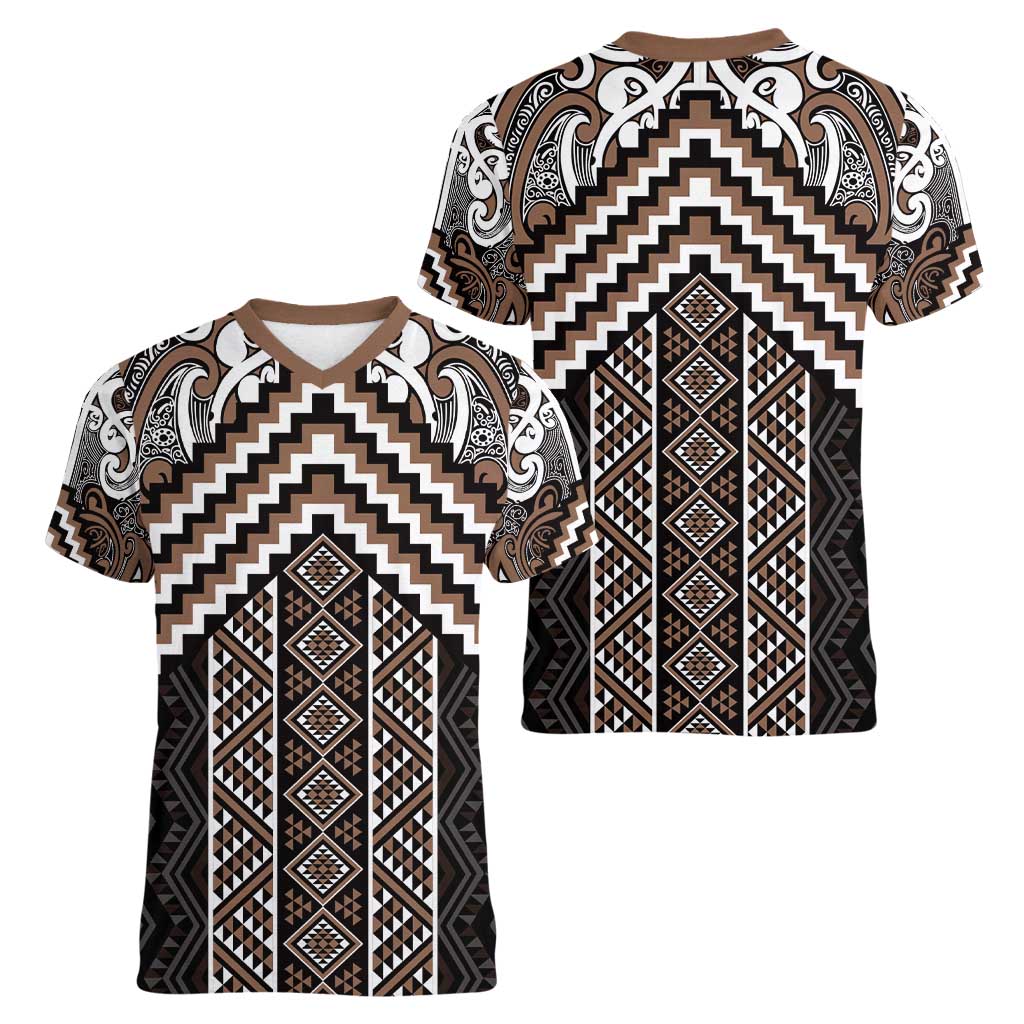 Maori Tukutuku Taniko Motifs Women V-Neck T-Shirt Brown Poutama Mix Kowhaiwhai